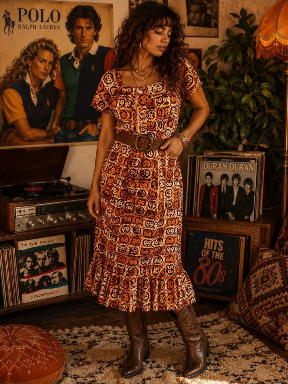 Custom Rust Floral Boho Midi Dress with Ruffle Indie